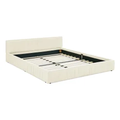 Okwish Lit Double Capitonné 140x200 cm, Tête de Lit, Structure Bois d'Eucalyptus Métal, Chenille Doux, Beige, Sans Matelas* Lit Double