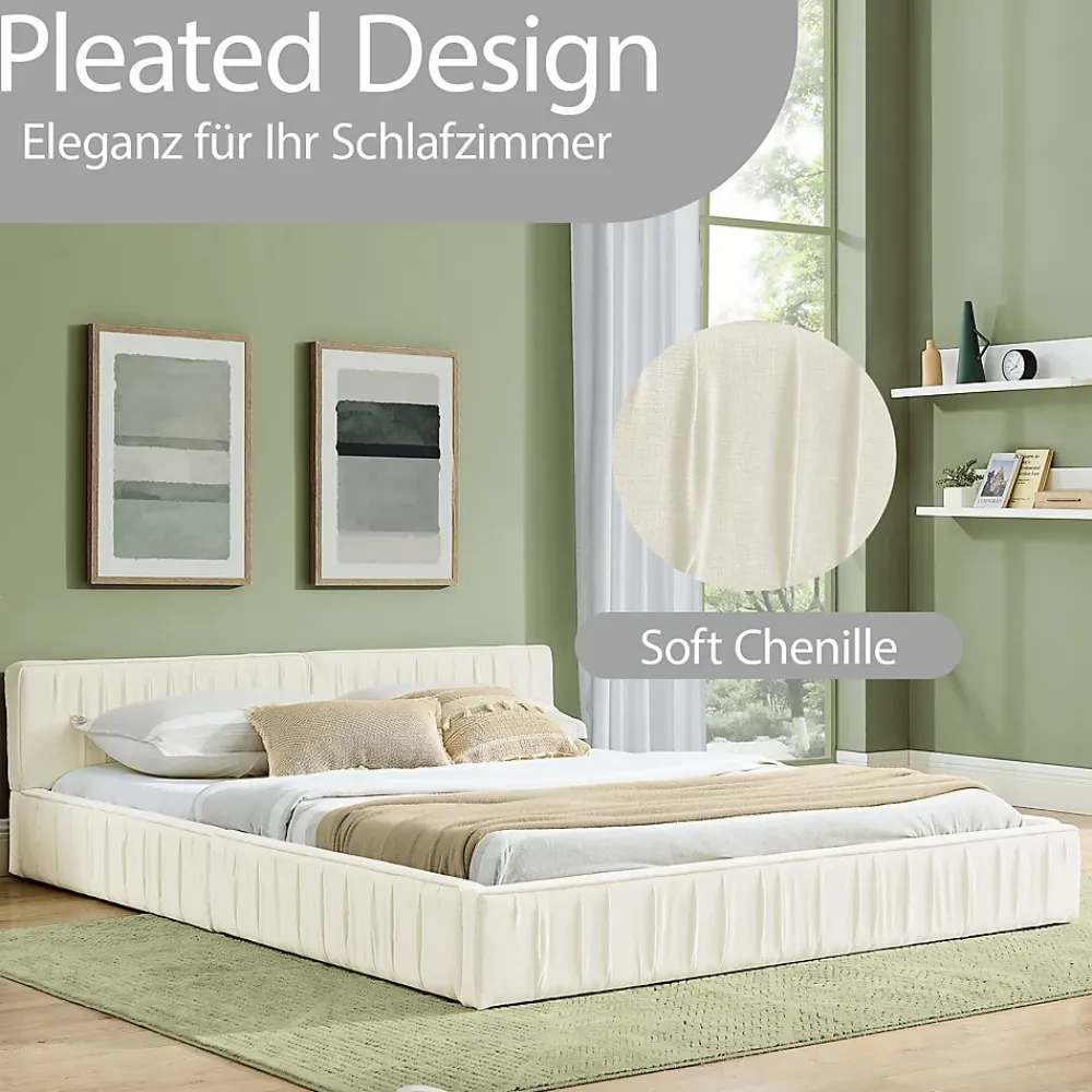 Okwish Lit Double Capitonné 140x200 cm, Tête de Lit, Structure Bois d'Eucalyptus Métal, Chenille Doux, Beige, Sans Matelas* Lit Double