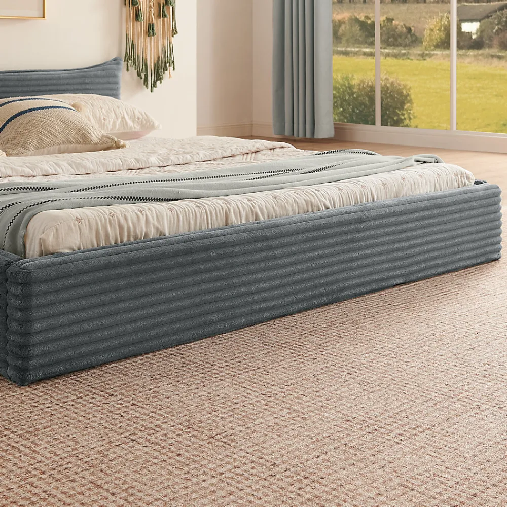 Okwish Lit Double Capitonné 160x200 cm, Chenille Doux, Tête de Lit Élégante, Cadre Bois Métal Solide, Gris Foncé, Sans Matelas* Lit Double