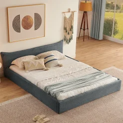 Okwish Lit Double Capitonné 160x200 cm, Chenille Doux, Tête de Lit Élégante, Cadre Bois Métal Solide, Gris Foncé, Sans Matelas* Lit Double