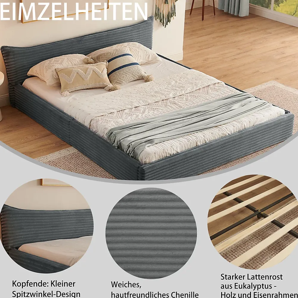 Okwish Lit Double Capitonné 160x200 cm, Chenille Doux, Tête de Lit Élégante, Cadre Bois Métal Solide, Gris Foncé, Sans Matelas* Lit Double
