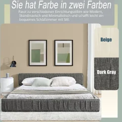 Okwish Lit Double Capitonné 140x200 cm, Tête de Lit, Structure Bois d'Eucalyptus Métal, Chenille Doux, Gris Foncé, Sans Matelas* Lit Double