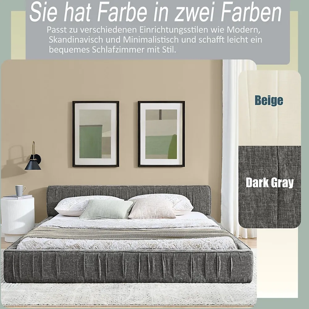 Okwish Lit Double Capitonné 140x200 cm, Tête de Lit, Structure Bois d'Eucalyptus Métal, Chenille Doux, Gris Foncé, Sans Matelas* Lit Double