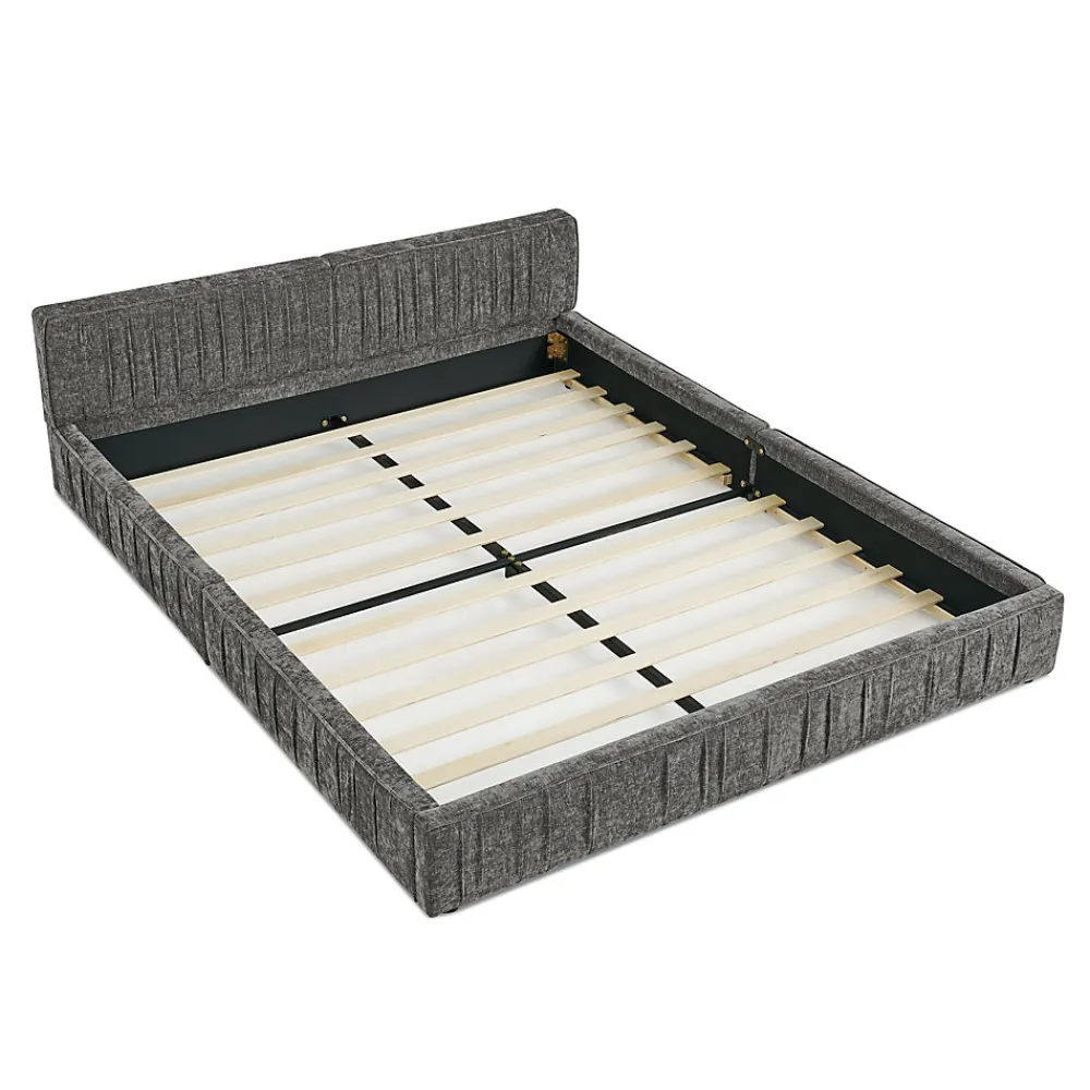 Okwish Lit Double Capitonné 140x200 cm, Tête de Lit, Structure Bois d'Eucalyptus Métal, Chenille Doux, Gris Foncé, Sans Matelas* Lit Double