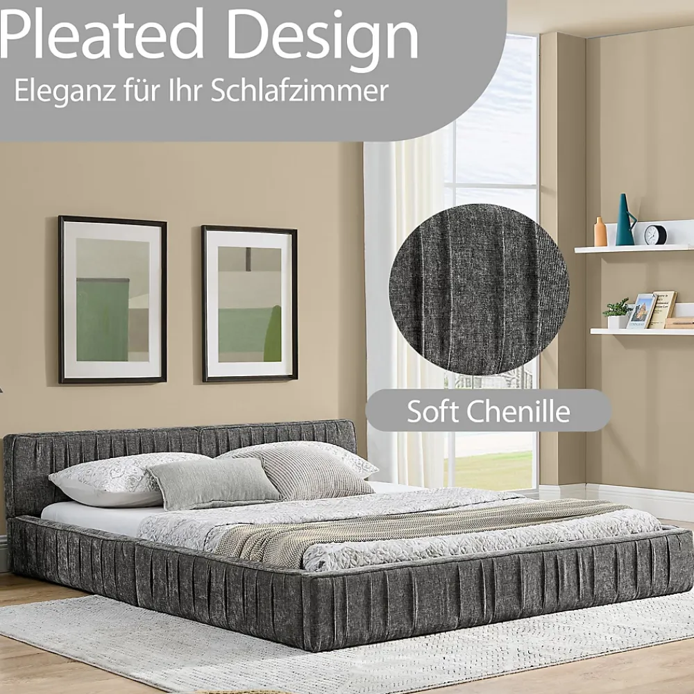 Okwish Lit Double Capitonné 140x200 cm, Tête de Lit, Structure Bois d'Eucalyptus Métal, Chenille Doux, Gris Foncé, Sans Matelas* Lit Double