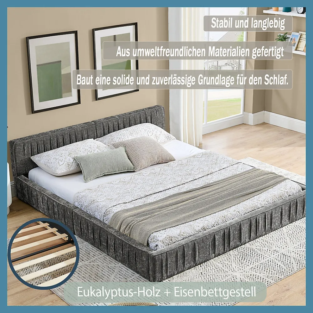 Okwish Lit Double Capitonné 140x200 cm, Tête de Lit, Structure Bois d'Eucalyptus Métal, Chenille Doux, Gris Foncé, Sans Matelas* Lit Double