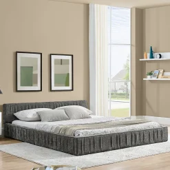 Okwish Lit Double Capitonné 140x200 cm, Tête de Lit, Structure Bois d'Eucalyptus Métal, Chenille Doux, Gris Foncé, Sans Matelas* Lit Double