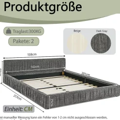 Okwish Lit Double Capitonné 140x200 cm, Tête de Lit, Structure Bois d'Eucalyptus Métal, Chenille Doux, Gris Foncé, Sans Matelas* Lit Double