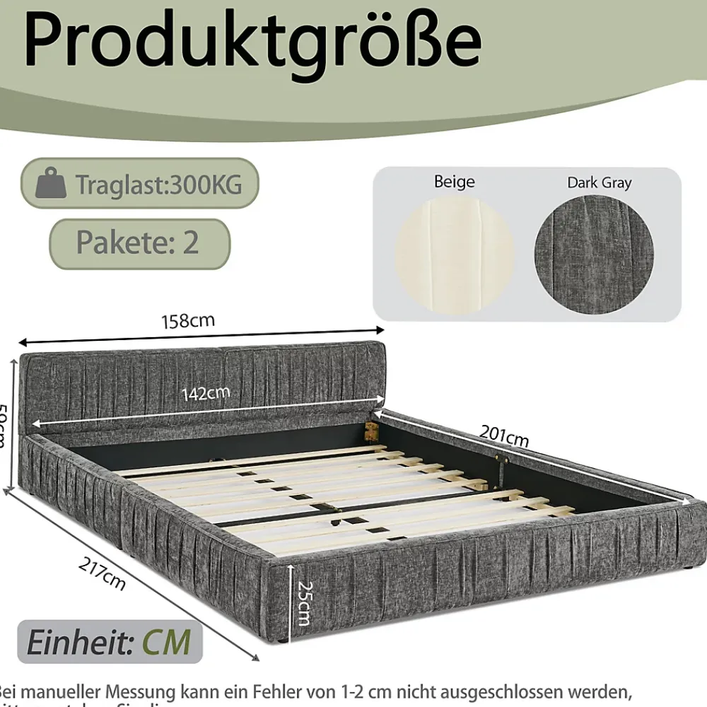 Okwish Lit Double Capitonné 140x200 cm, Tête de Lit, Structure Bois d'Eucalyptus Métal, Chenille Doux, Gris Foncé, Sans Matelas* Lit Double