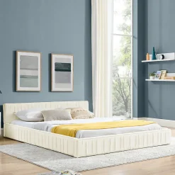 Lit Double Capitonné 160x200 cm, Tête de Lit, Structure Bois d'Eucalyptus Métal, Chenille Doux, Beige, Sans Matelas>Okwish