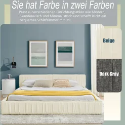 Lit Double Capitonné 160x200 cm, Tête de Lit, Structure Bois d'Eucalyptus Métal, Chenille Doux, Beige, Sans Matelas>Okwish