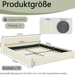 Lit Double Capitonné 160x200 cm, Tête de Lit, Structure Bois d'Eucalyptus Métal, Chenille Doux, Beige, Sans Matelas><noscript><img width=