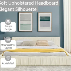 Lit Double Capitonné 160x200 cm, Tête de Lit, Structure Bois d'Eucalyptus Métal, Chenille Doux, Beige, Sans Matelas><noscript><img width=