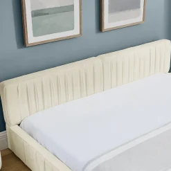 Lit Double Capitonné 160x200 cm, Tête de Lit, Structure Bois d'Eucalyptus Métal, Chenille Doux, Beige, Sans Matelas><noscript><img width=