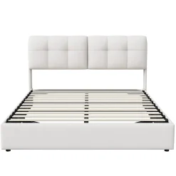 Lit double capitonné 140x200 cm,éclairage LED, ports et prises USB, sommier à lattes, linge, lit queen,Beige>Fortuna lai Outlet