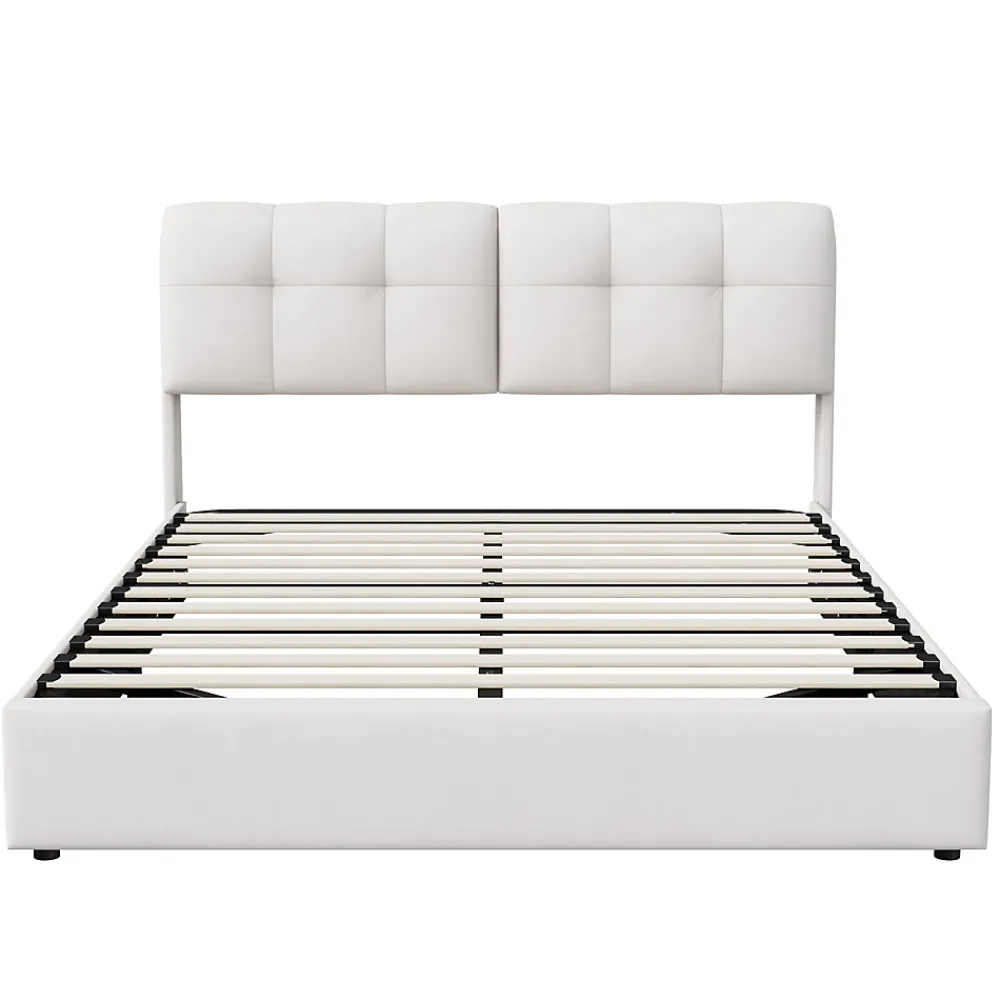 Lit double capitonné 140x200 cm,éclairage LED, ports et prises USB, sommier à lattes, linge, lit queen,Beige>Fortuna lai Outlet