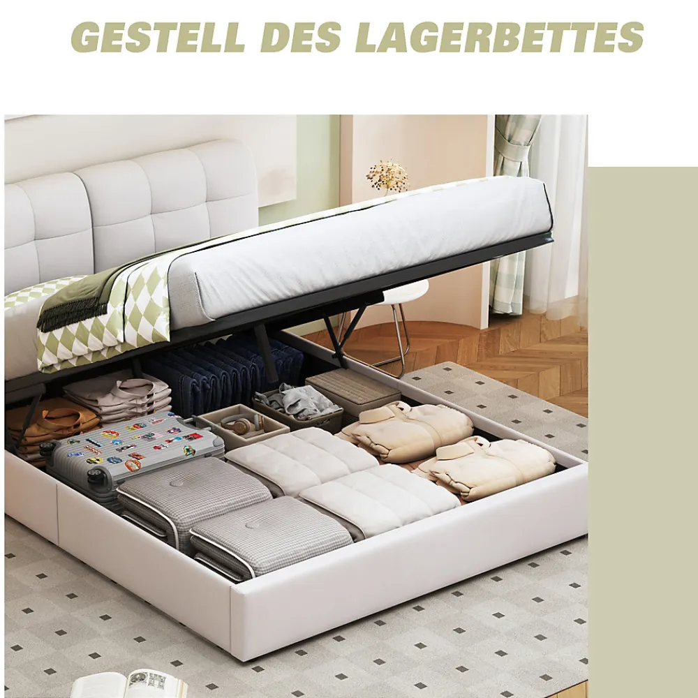 Lit double capitonné 140x200 cm,éclairage LED, ports et prises USB, sommier à lattes, linge, lit queen,Beige>Fortuna lai Outlet