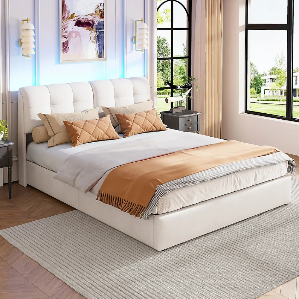 Lit double capitonné 140x200 cm,éclairage LED, ports et prises USB, sommier à lattes, linge, lit queen,Beige>Fortuna lai Outlet