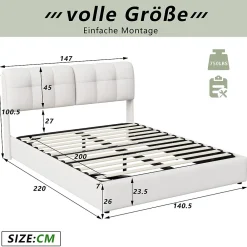 Lit double capitonné 140x200 cm,éclairage LED, ports et prises USB, sommier à lattes, linge, lit queen,Beige><noscript><img width=