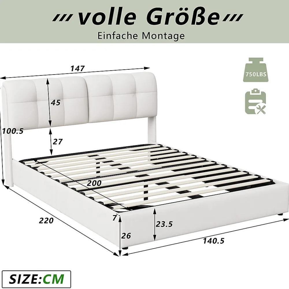 Lit double capitonné 140x200 cm,éclairage LED, ports et prises USB, sommier à lattes, linge, lit queen,Beige>Fortuna lai Outlet