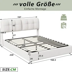Lit double capitonné 140x200 cm,éclairage LED, ports et prises USB, sommier à lattes, linge, lit queen,Beige><noscript><img width=