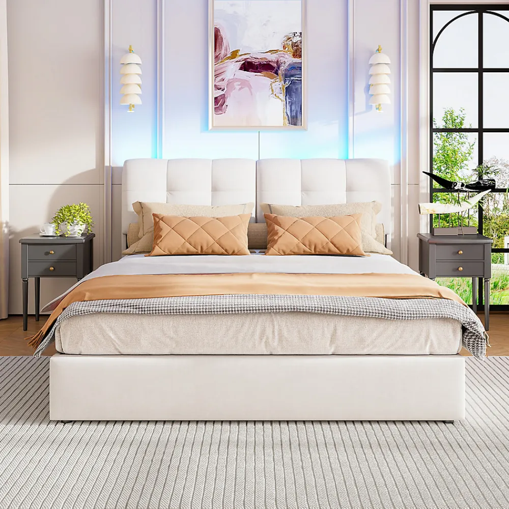 Lit double capitonné 140x200 cm,éclairage LED, ports et prises USB, sommier à lattes, linge, lit queen,Beige>Fortuna lai Outlet