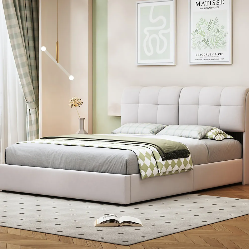Lit double capitonné 140x200 cm,éclairage LED, ports et prises USB, sommier à lattes, linge, lit queen,Beige>Fortuna lai Outlet