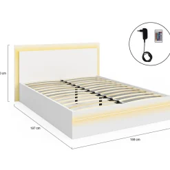 Lit double CHARLIE 140 x 190 cm avec sommier et LED intégrées blanc><noscript><img width=