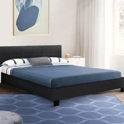 Lit double CHARLOTTE avec tête de lit et sommier 140 x 190 cm PVC noir>IDMarket Discount