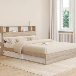 IDMarket Lit double CLEM avec rangements + tête de lit et sommier 160 x 200 cm hêtre et blanc* Lit Avec Rangement