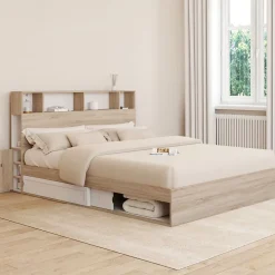 IDMarket Lit double CLEM avec rangements + tête de lit et sommier 160 x 200 cm hêtre et blanc* Lit Avec Rangement