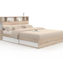 IDMarket Lit double CLEM avec rangements + tête de lit et sommier 160 x 200 cm hêtre et blanc* Lit Avec Rangement
