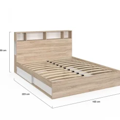 IDMarket Lit double CLEM avec rangements + tête de lit et sommier 160 x 200 cm hêtre et blanc* Lit Avec Rangement