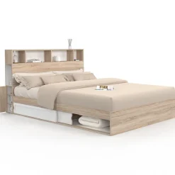 IDMarket Lit double CLEM avec rangements + tête de lit et sommier 160 x 200 cm hêtre et blanc* Lit Avec Rangement