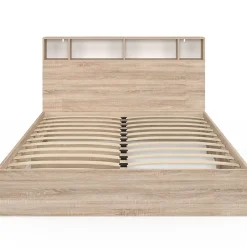 IDMarket Lit double CLEM avec rangements + tête de lit et sommier 160 x 200 cm hêtre et blanc* Lit Avec Rangement