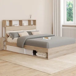 Lit double CLEM avec rangements + tête de lit et sommier 140 x 190 cm hêtre et blanc>IDMarket New