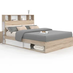 Lit double CLEM avec rangements + tête de lit et sommier 140 x 190 cm hêtre et blanc>IDMarket New
