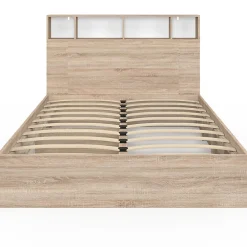 Lit double CLEM avec rangements + tête de lit et sommier 140 x 190 cm hêtre et blanc><noscript><img width=