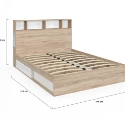 Lit double CLEM avec rangements + tête de lit et sommier 140 x 190 cm hêtre et blanc><noscript><img width=