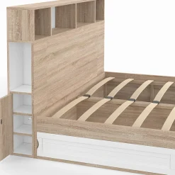 Lit double CLEM avec rangements + tête de lit et sommier 140 x 190 cm hêtre et blanc><noscript><img width=