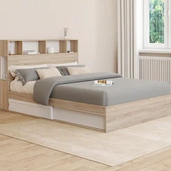 Lit double CLEM avec rangements + tête de lit et sommier 140 x 190 cm hêtre et blanc><noscript><img width=