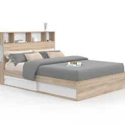 Lit double CLEM avec rangements + tête de lit et sommier 140 x 190 cm hêtre et blanc><noscript><img width=