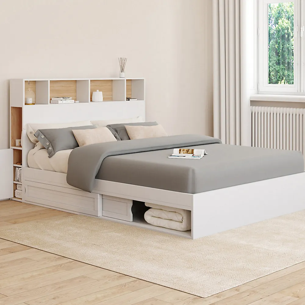 Lit double CLEM avec tête de lit, rangements et sommier 140 x 190 cm blanc>IDMarket