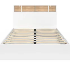 Lit double CLEM avec tête de lit, rangements et sommier 140 x 190 cm blanc><noscript><img width=