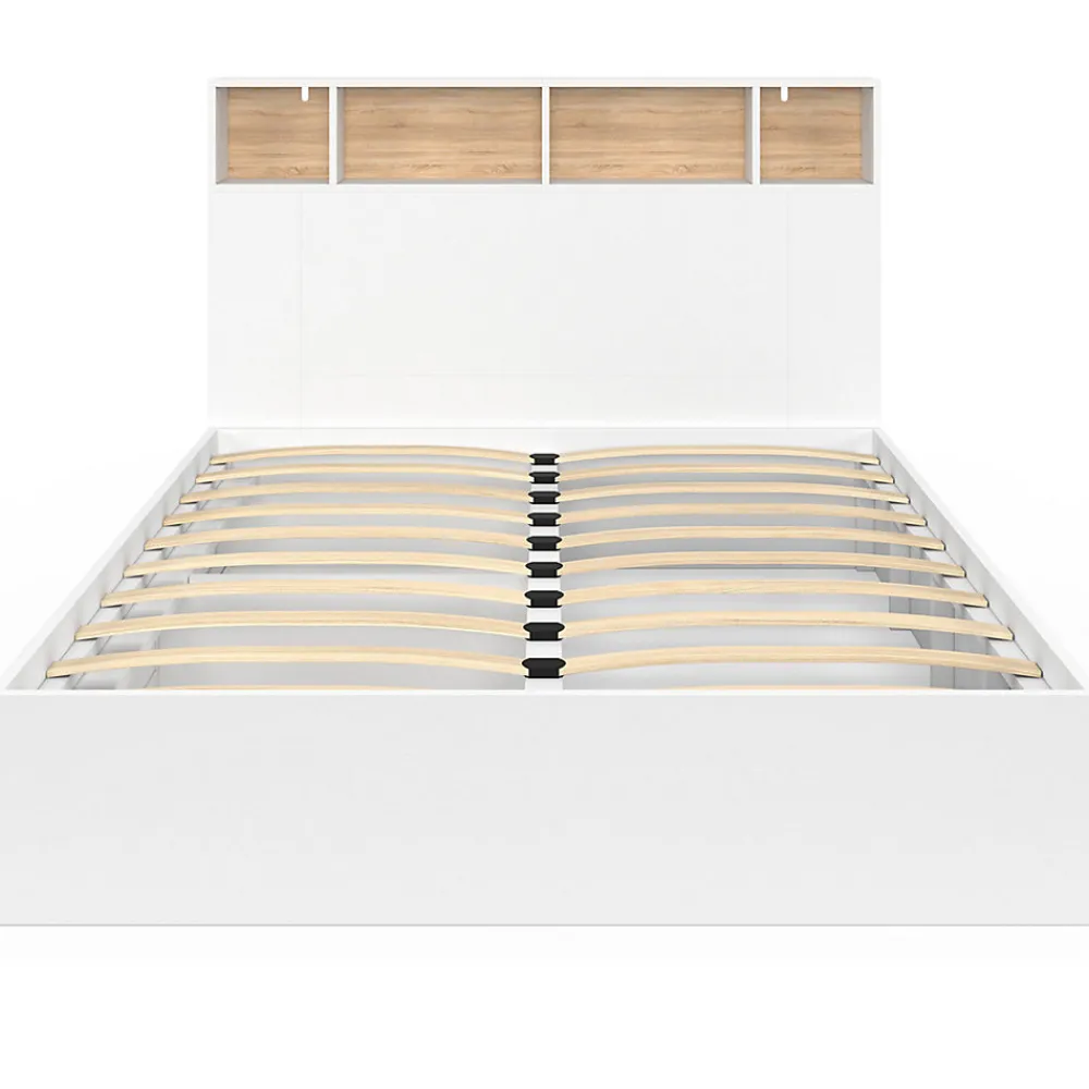 Lit double CLEM avec tête de lit, rangements et sommier 140 x 190 cm blanc>IDMarket