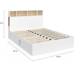 Lit double CLEM avec tête de lit, rangements et sommier 140 x 190 cm blanc><noscript><img width=