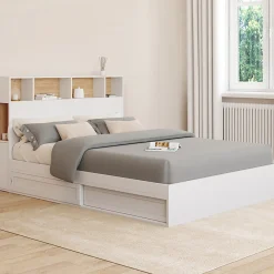 Lit double CLEM avec tête de lit, rangements et sommier 140 x 190 cm blanc><noscript><img width=