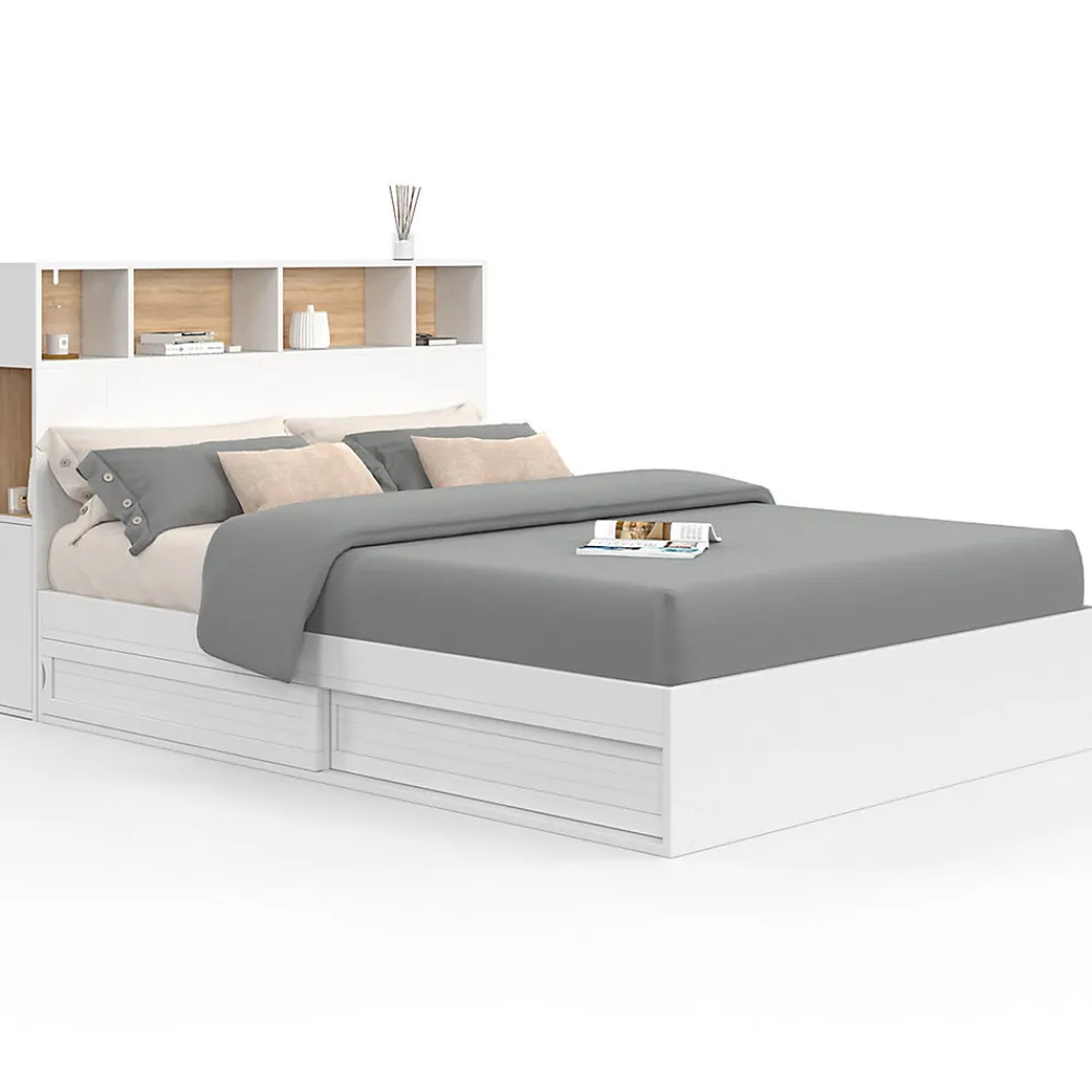 Lit double CLEM avec tête de lit, rangements et sommier 140 x 190 cm blanc>IDMarket