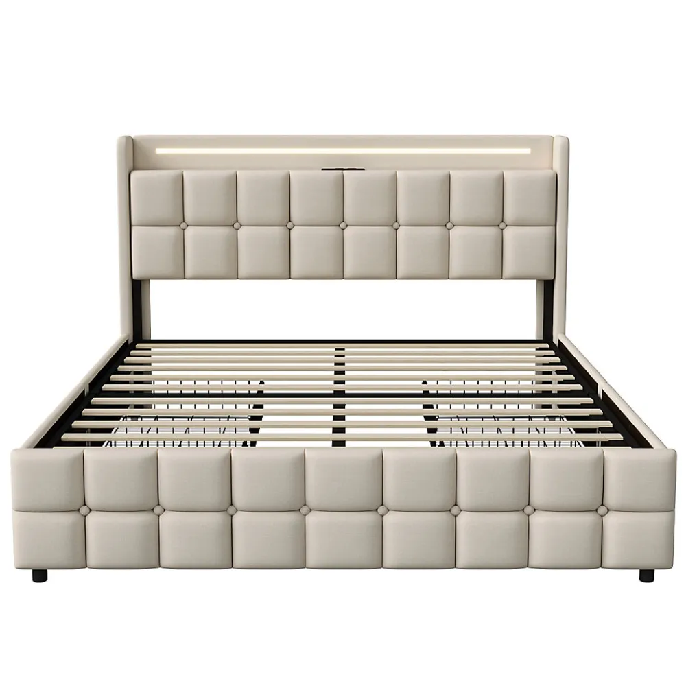 Lit Double Coffre 160x200cm Avec Éclairage LED Et 4 Tiroirs, Rechargeable, Avec Tête De Lit,beige>Fortuna lai New