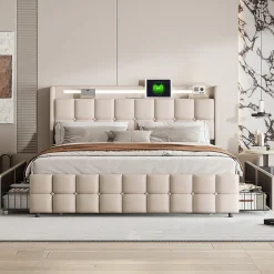 Lit Double Coffre 160x200cm Avec Éclairage LED Et 4 Tiroirs, Rechargeable, Avec Tête De Lit,beige>Fortuna lai New